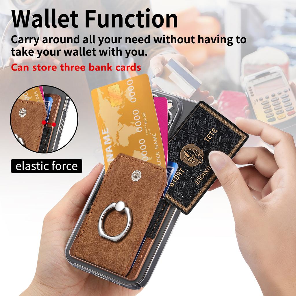 Phone Holder Wallet Case Card Slot Holder PU Leather Back Sticker Adhesives With Ring Stand For Mobile Phone iPhone Samsung