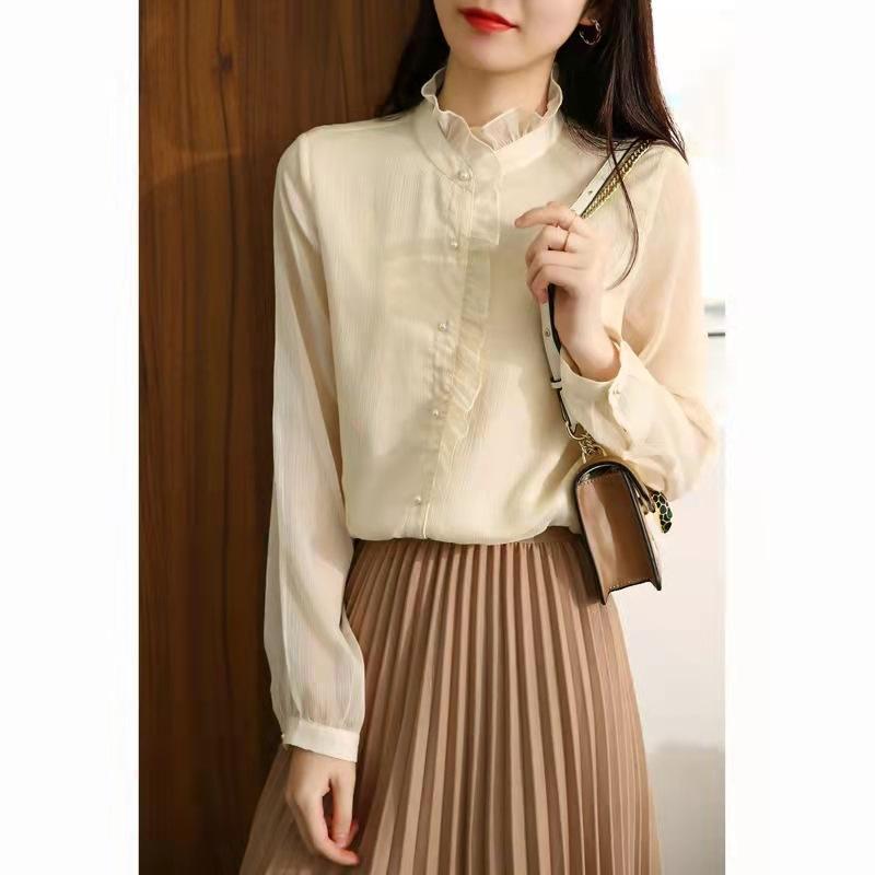 Chiffon Earrings Shirt for Women Long-sleeved Spring New Stand Collar Ruffled Mesh Top