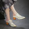 Johnature Genuine Leather Retro Ethnic Style High Heels Pointed Toe Slippers Versatile Women's Shoes