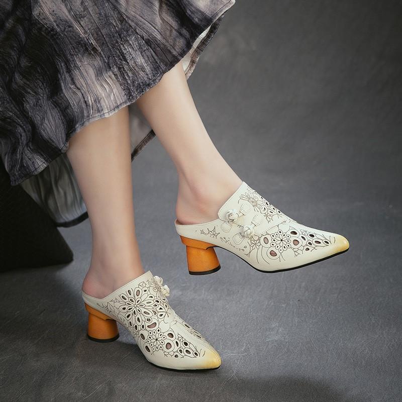 Johnature Genuine Leather Retro Ethnic Style High Heels Pointed Toe Slippers Versatile Women's Shoes