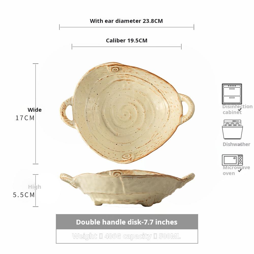 Coarse earthenware plate, Japanese retro ceramic double-ear plate, salad plate, household handcrafted fruit plate, salad bowl