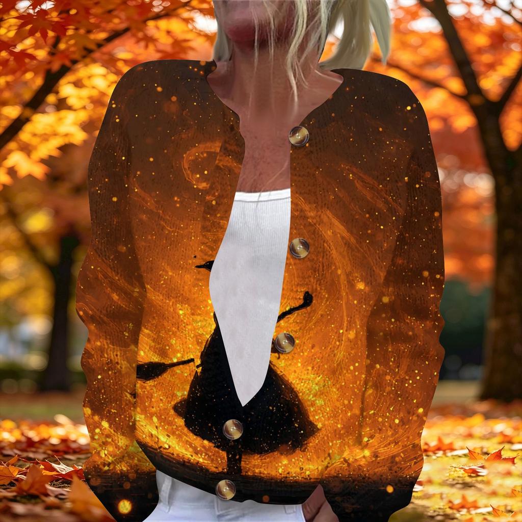 Women's Long Sleeve Knit Cardigan with Halloween Print Button Front for Fall Party