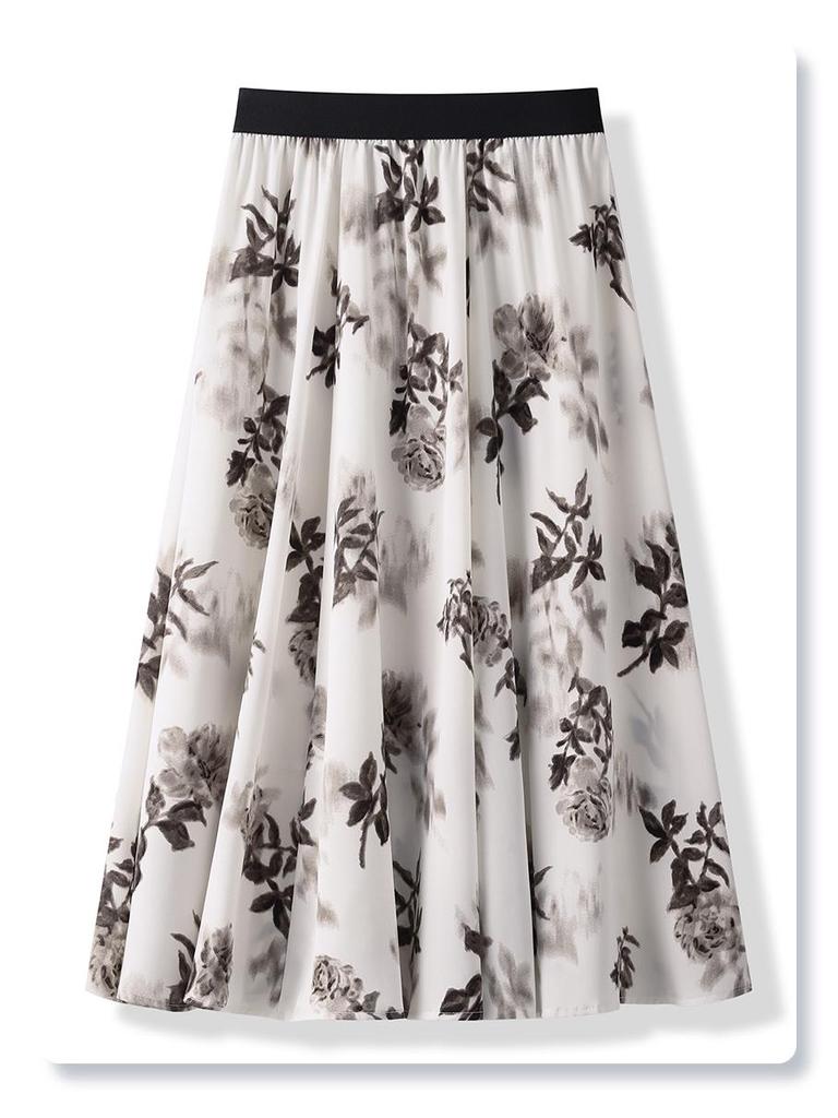 Women's Floral Print Pleated French Chiffon Midi Skirt - Spring/Summer 2025 High-Waist A-Line Design