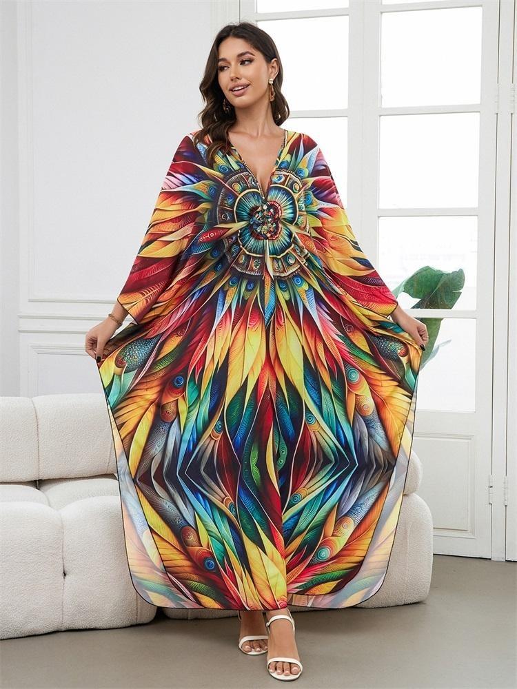 Women Plus Size Kaftan Dress Bohemian Printed Beach Swim Suit Summer Long Homewear Colorful Outfit