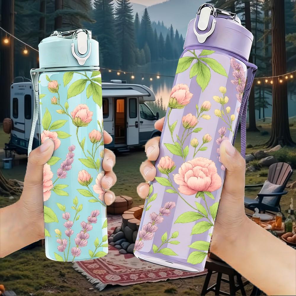 1PC Pink Rose Peony Floral Pattern 750ml Color Plastic Sports Water Bottle Leakproof Flip Straw Lid Suitable for Sports Office Home Use