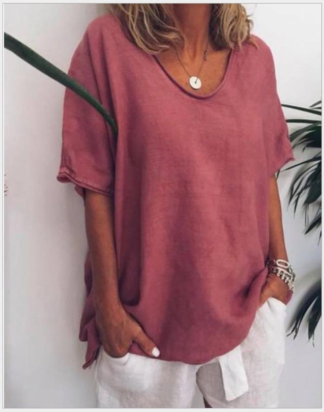 Summer Casual Cotton Linen T-Shirt: Solid Color, Loose Fit, Short Sleeve