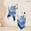 Women Plus Size Two Piece Skirt Set Round Neck Short Sleeve Printed Tie Waist Top Fitted Skirt Blue Beige White