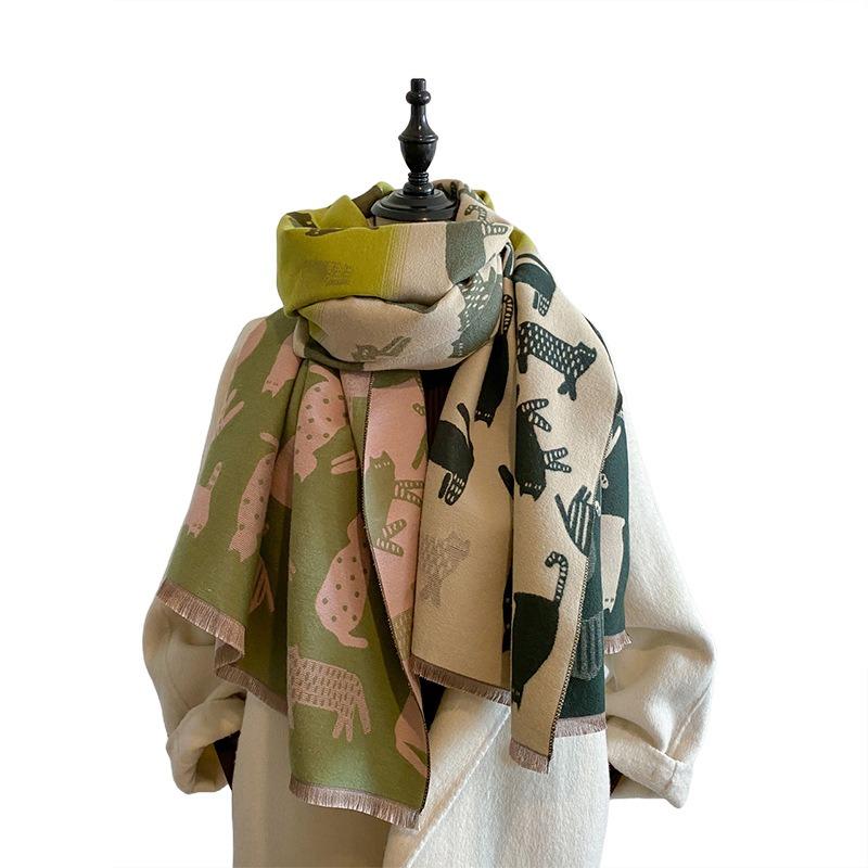 Scarf retro autumn and winter versatile color matching cartoon cat long thickened warm imitation cashmere shawl women