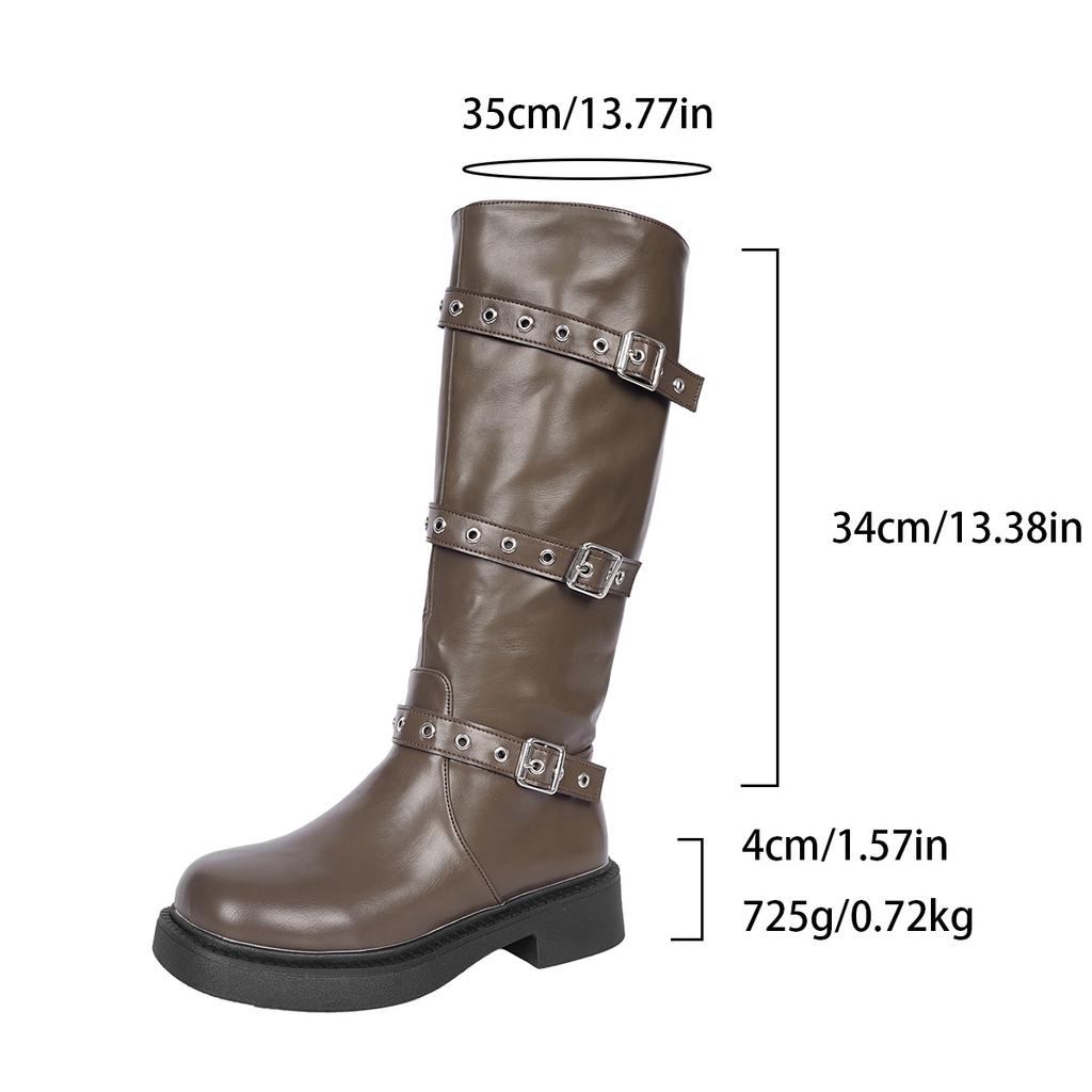 Damen kniehohe Chelsea Boots 2026 Herbstmode mittlere Absätze Plateau-Schuhe Damen hoher Schaft dicke Sohle Retro-Schnalle Botas Mujer