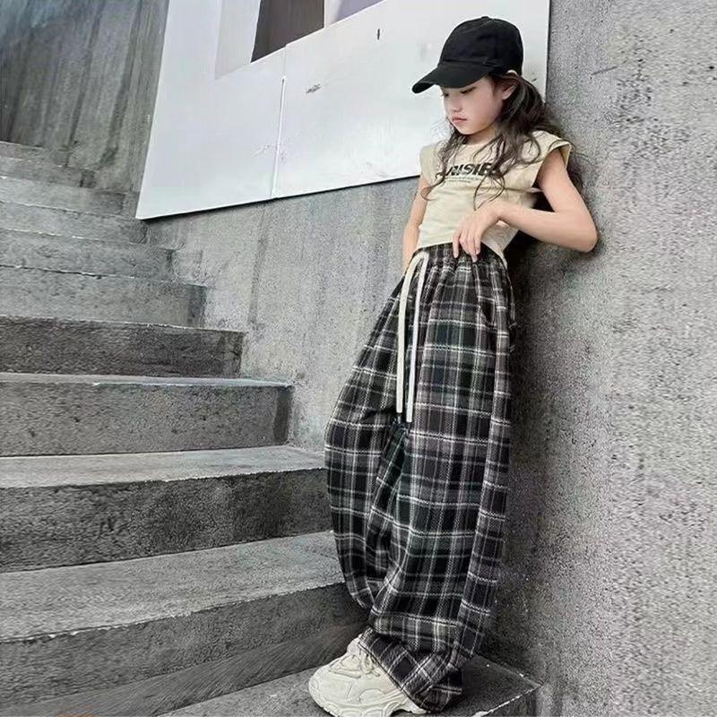 Kinder Baumwolle Frühling Herbst Karohose für Teenager Mädchen Lässig Locker Gerade Kordelzug Hose Kindermode Jogginghose