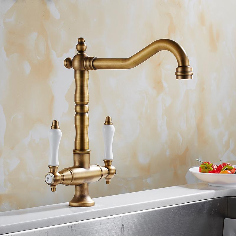 

Dual Handle Kitchen Faucet Deck Mounted Single Hole Hot Cold Water Mixer Crane Kitchen Sink Faucets Antique Bronze Black ELK9088 антична бронзова кольору