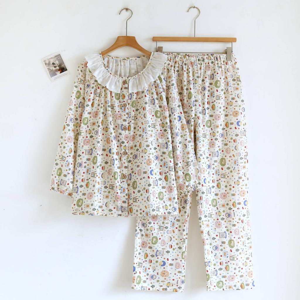 2026 New Spring/Summer Women's Pajama Set 100% Cotton Gauze Sweet and Cute Long Sleeve Lace Home Clothes Two Piece Set