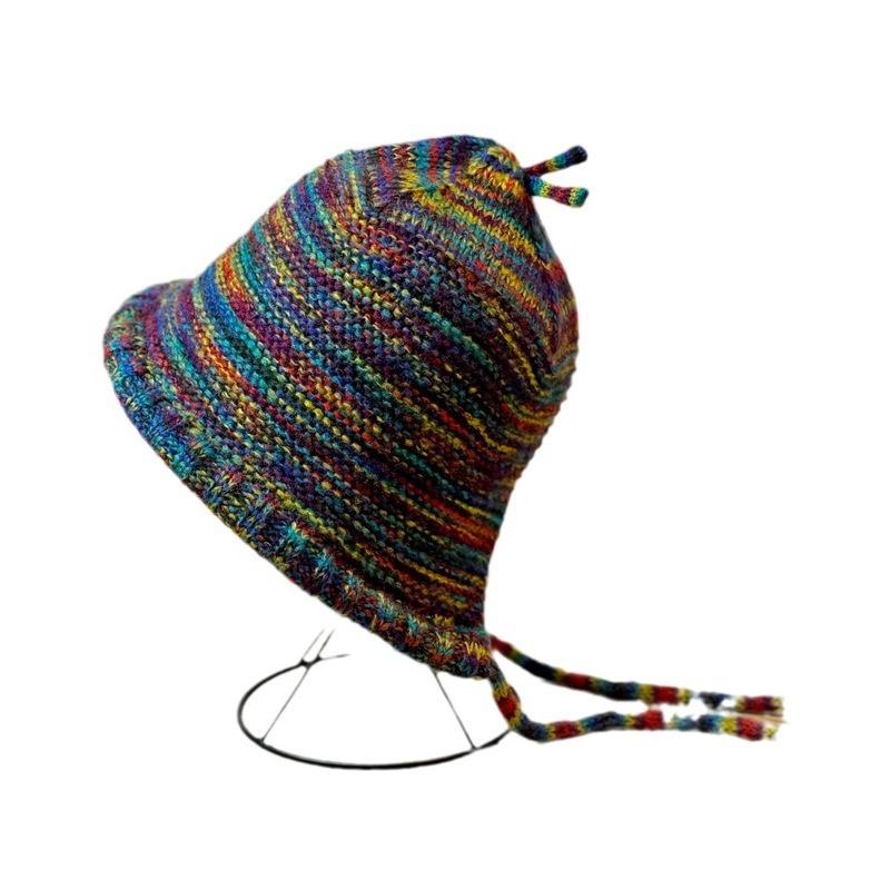 Rainbow Gradient Wool Hat Women's Autumn and Winter Style Face Revealing Small Baotou Hat Ethnic Style Warm Knitted Hat Lei Feng Hat
