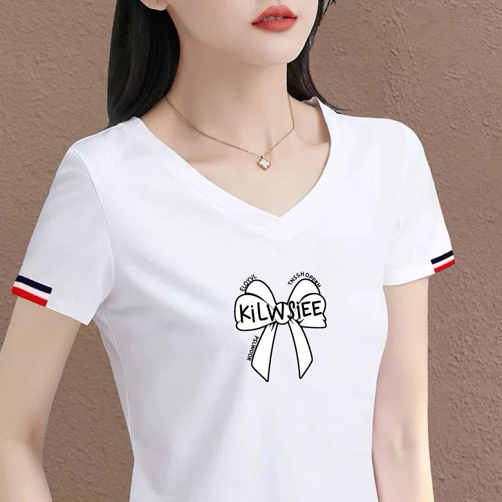 Women s White V-Neck Love Heart Print Casual T-Shirt - Stylish Short-Sleeved Top for Moms XL