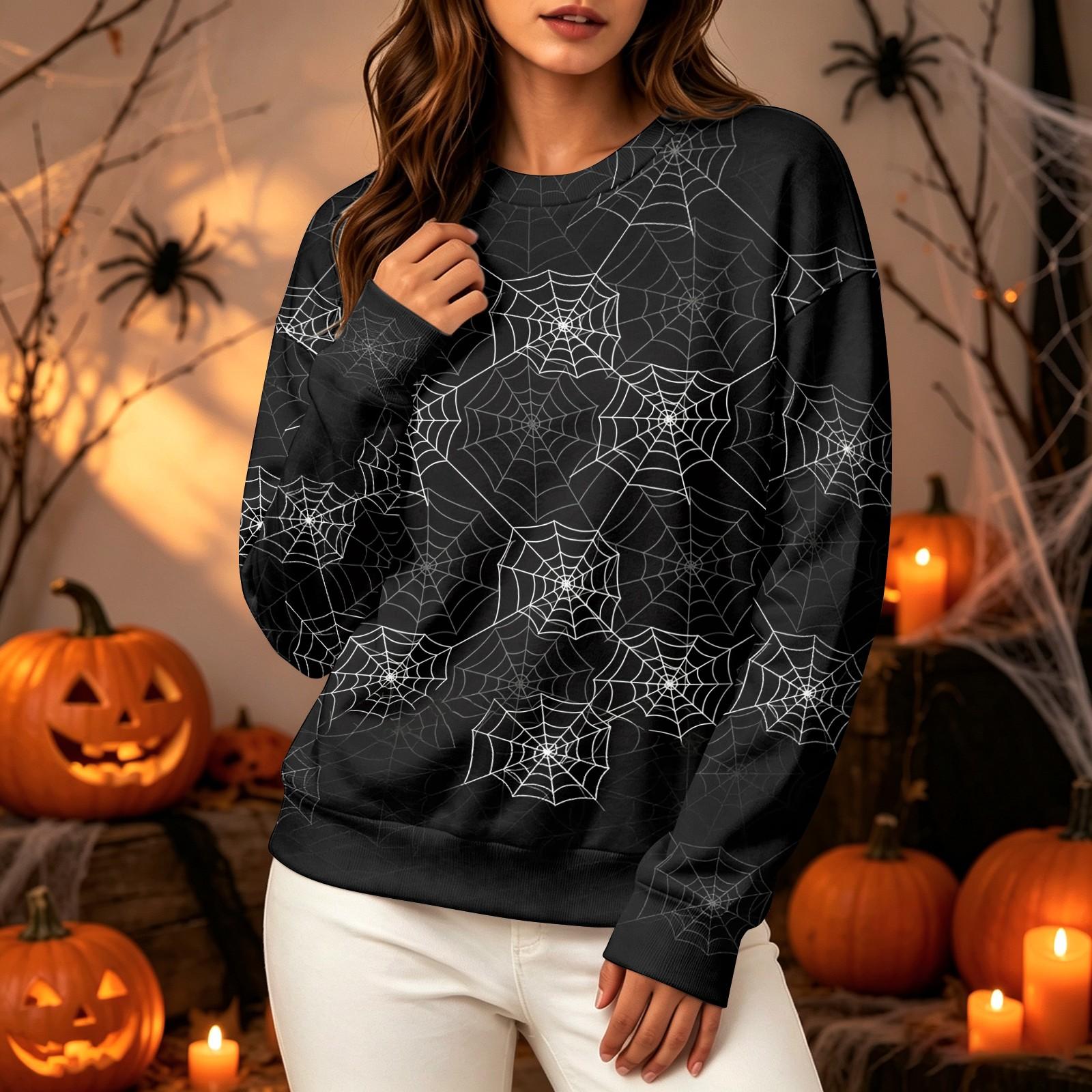 Women s Casual Long Sleeve Halloween Print Crewneck Sweatshirt L