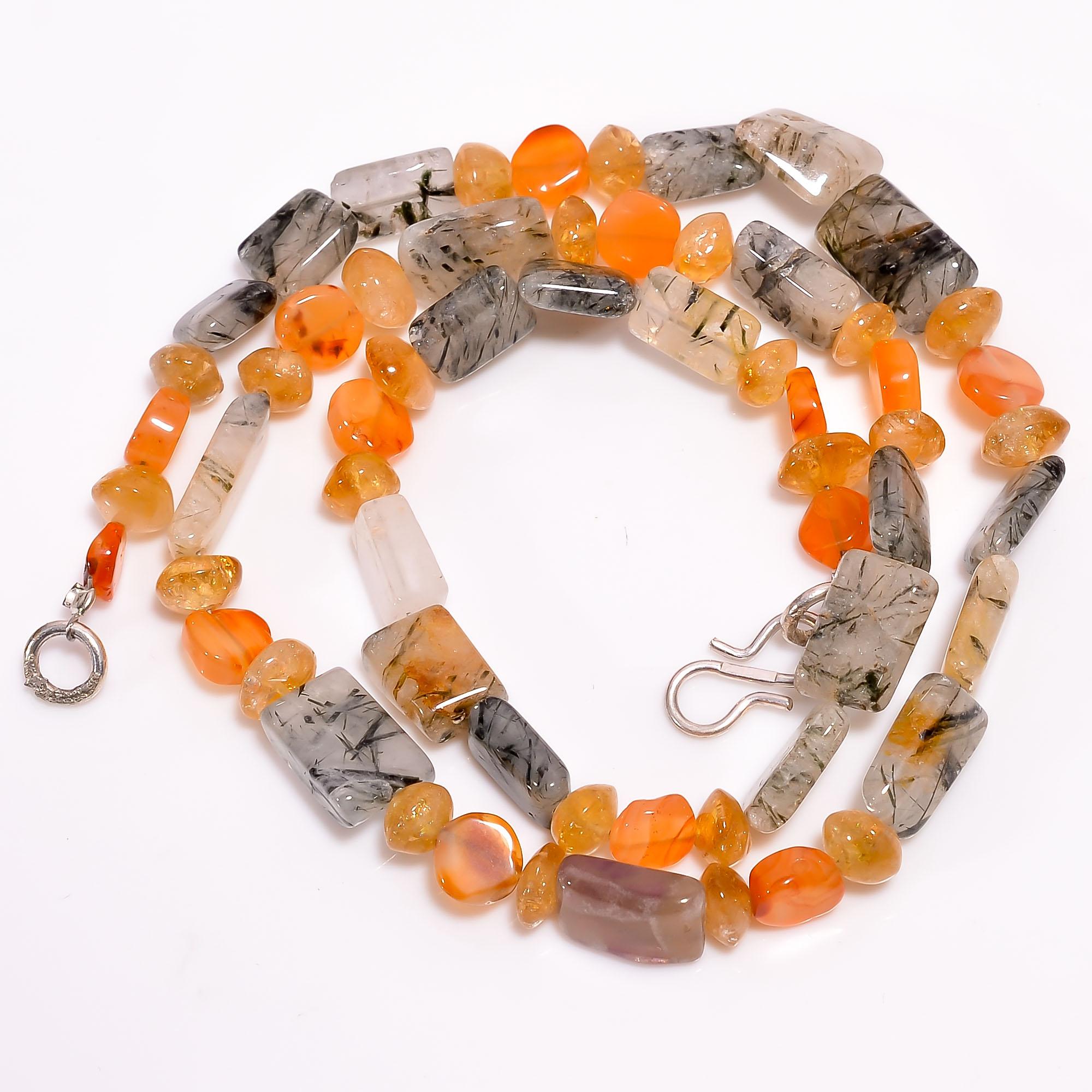 

Natural Green Rutile Quartz Carnelian Citrine Smooth Beads Necklace 5-15mm 17.5 UB-8466