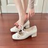 Sea salt Mary Jane shoes spring and autumn new bow middle heel women's shoes French thick heel ballet silver single shoes women