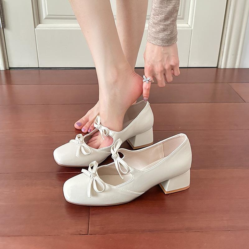 Sea salt Mary Jane shoes spring and autumn new bow middle heel women's shoes French thick heel ballet silver single shoes women
