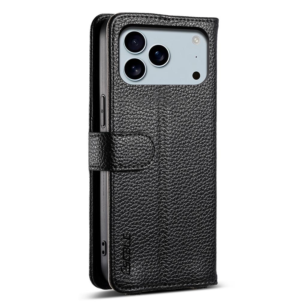 Pouzdro ESEBLE E11 pro iPhone 17 Pro Kožený kryt na telefon s texturou liči s kapsou na zip, zrcátkem a poutkem na zápěstí