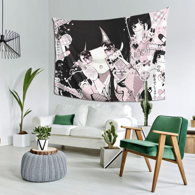 VIKAMA Sweet Cool Black Pink Pixel Girl Tapestry anime Atmosphere ins Style Decorative Wall Room Decoration Home Decoration
