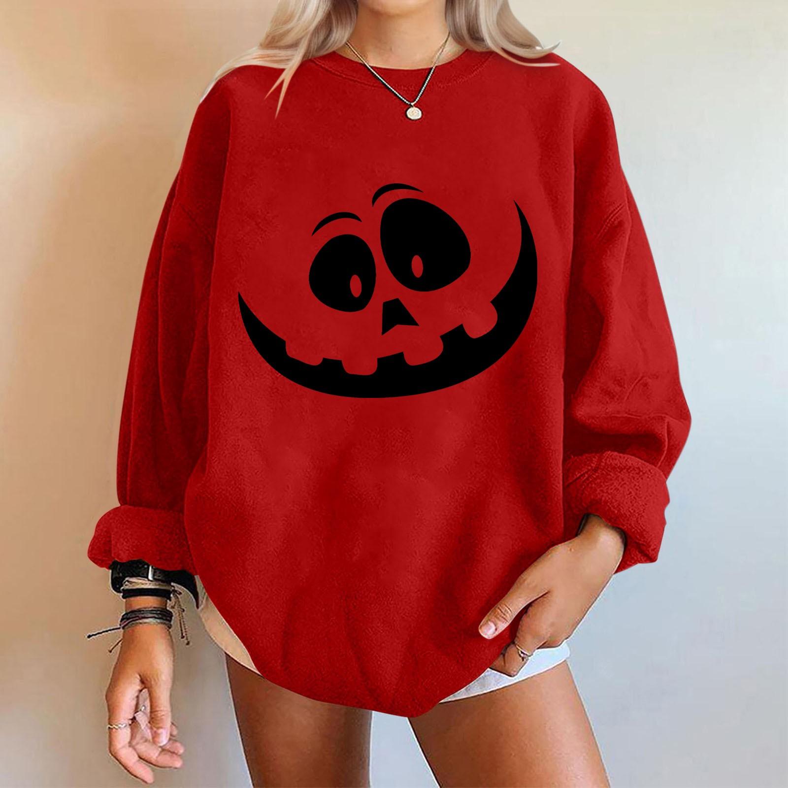 

Женские повседневные модные толстовки с длинным рукавом и круглым вырезом с принтом Хэллоуина, пуловер, топ XL красный