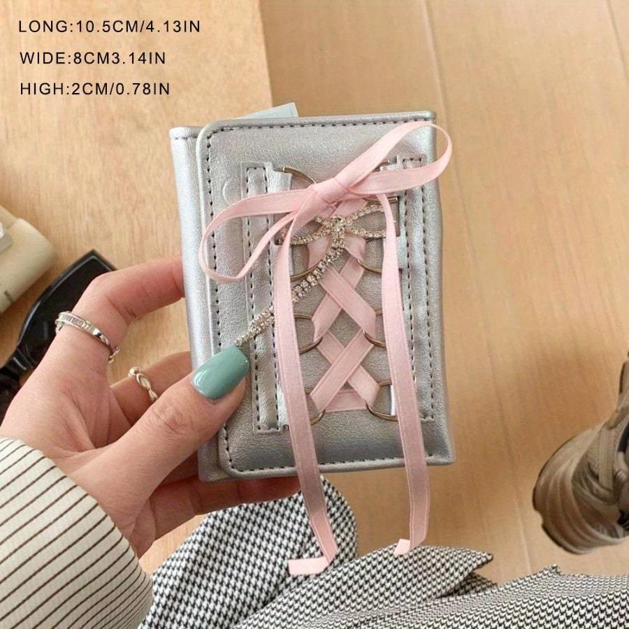 Sweet Style Lace Bowknot Short Wallet For Women Button-Up Trifold Card Holder Wallet Mini Wallet Purse Wallet Small Wallet Cute Wallet