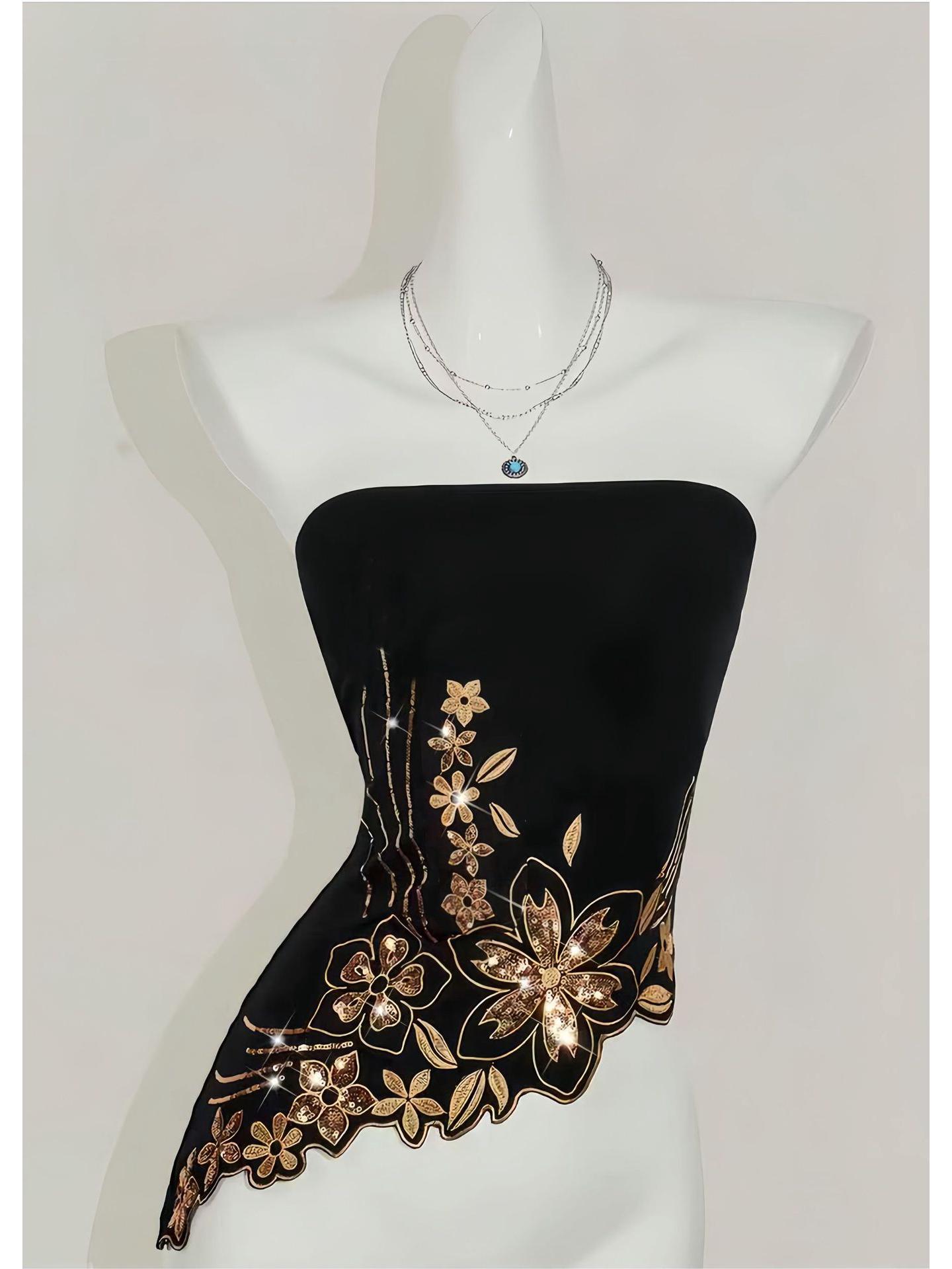 2026 European Trends: Floral Embroidered One-Shoulder Strapless Short Vest Medium чёрный