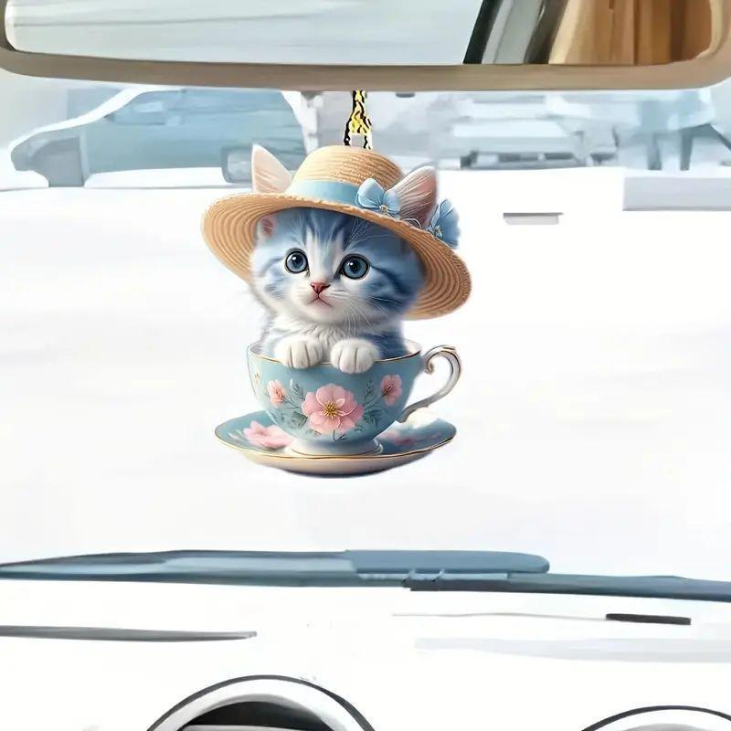 Cute Cartoon Cat Acrylic Flat Tea Cup Car Decoration Pendant For Interior Charm