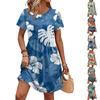 Damen Kurzarm Freizeitkleid Hawaiian Print Rundhalsausschnitt Taillenband Tasche Sommer Strandkleid