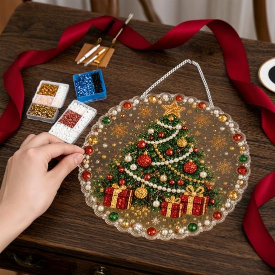 Acryl Hängende Ornamente Weihnachten Strassstein Malset, DIY Kranz Kunsthandwerk für Erwachsene, Doppelset Doppelseitiges Fensterornament für Erwachsene, Edelsteinplatte Wand