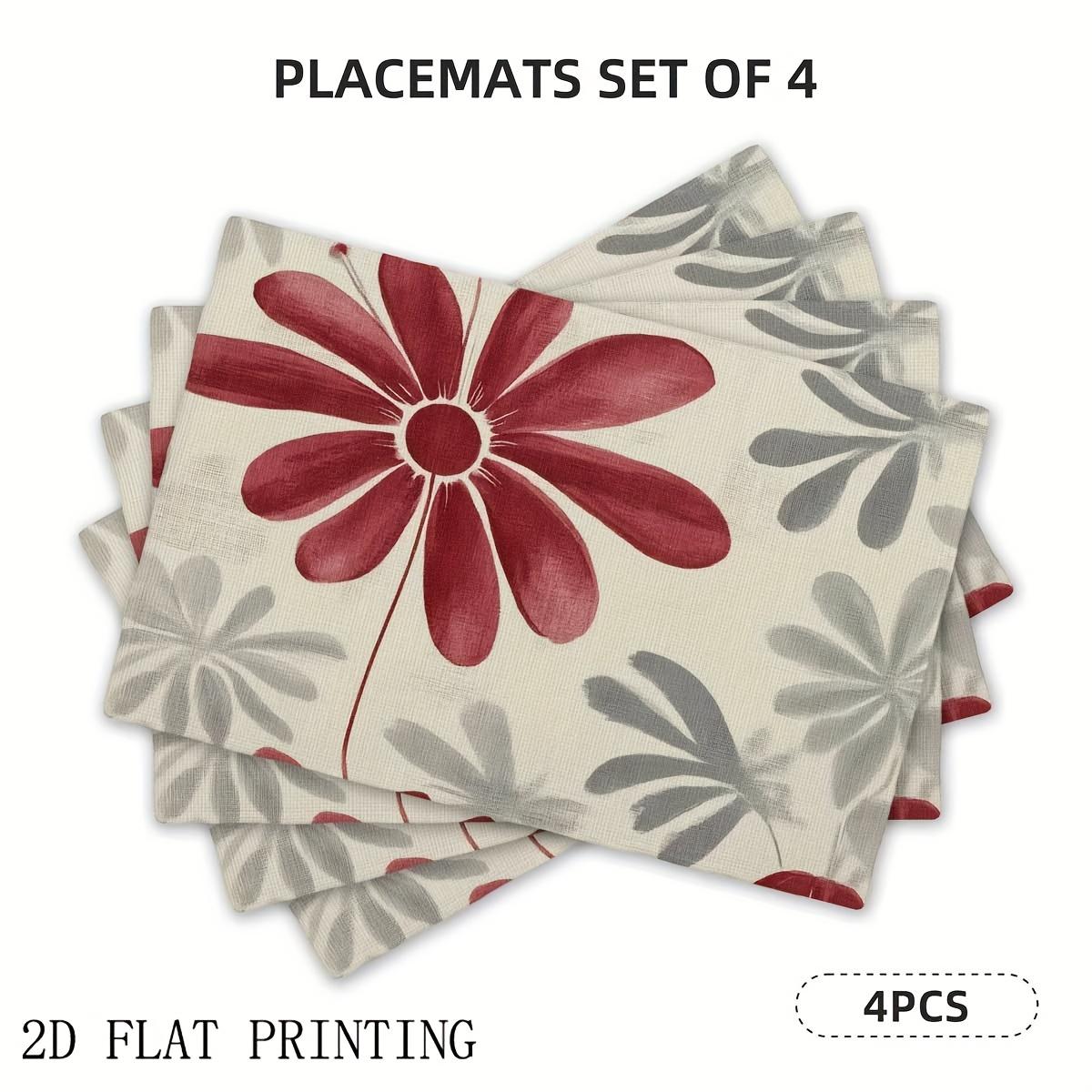 4pcs/6pcs, Red Gray Floral Pattern Linen Placemats, Autumn Style Kitchen Placemats, Non-Slip Heat-Resistant Placemats, Washable, 30x45cm-6PC
