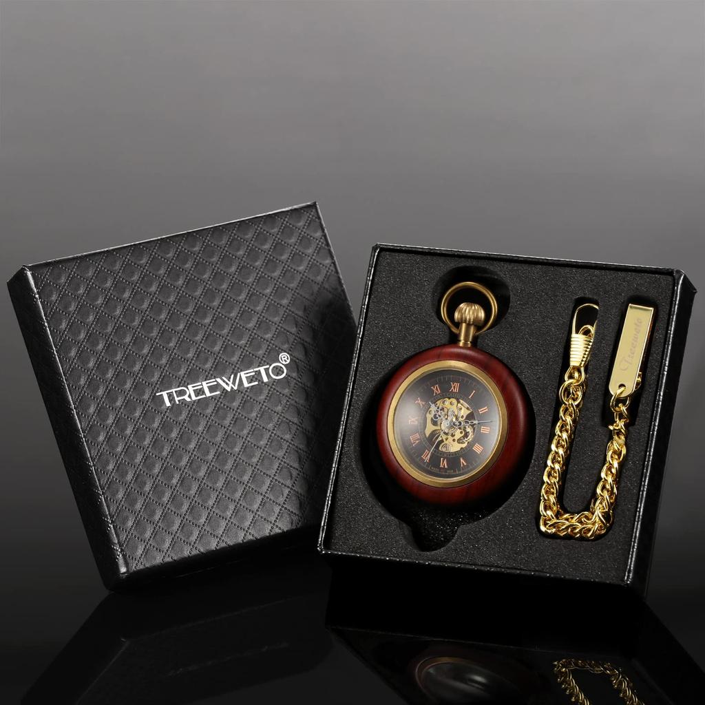 TREEWETO Orologio da Tasca Meccanico in Legno con Numeri Romani a Faccia Aperta Orologio da Taschino Uomo Donna Signora