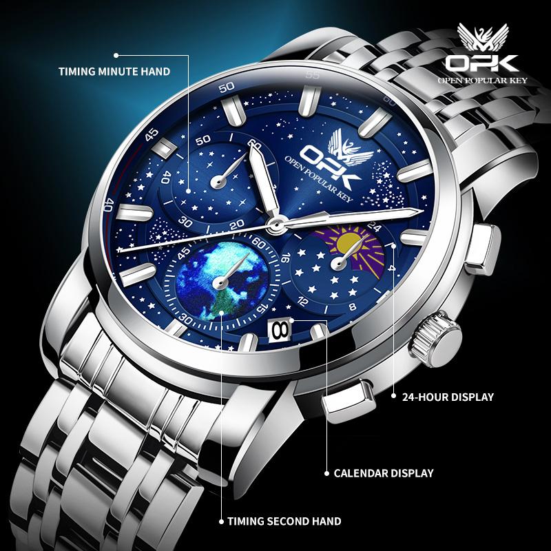 OPK Brand Steel Belt Dual Calendar Men's Quartz Watch 8142