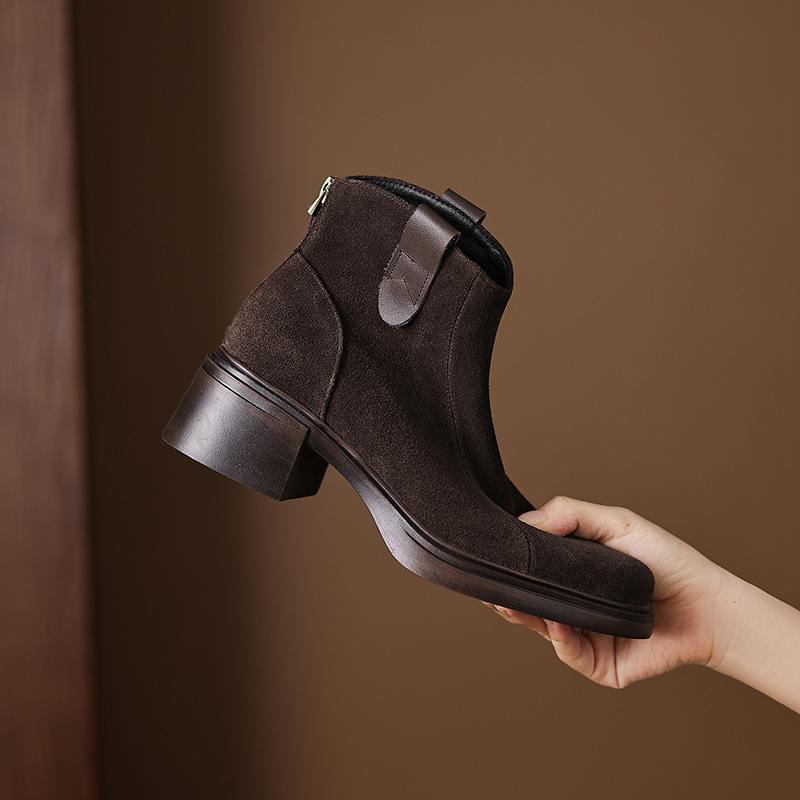 Krazing Pot Cow Suede Nubuck Winter Round Toe Modern Boots Med Heels Zipper Women Ankle Boots