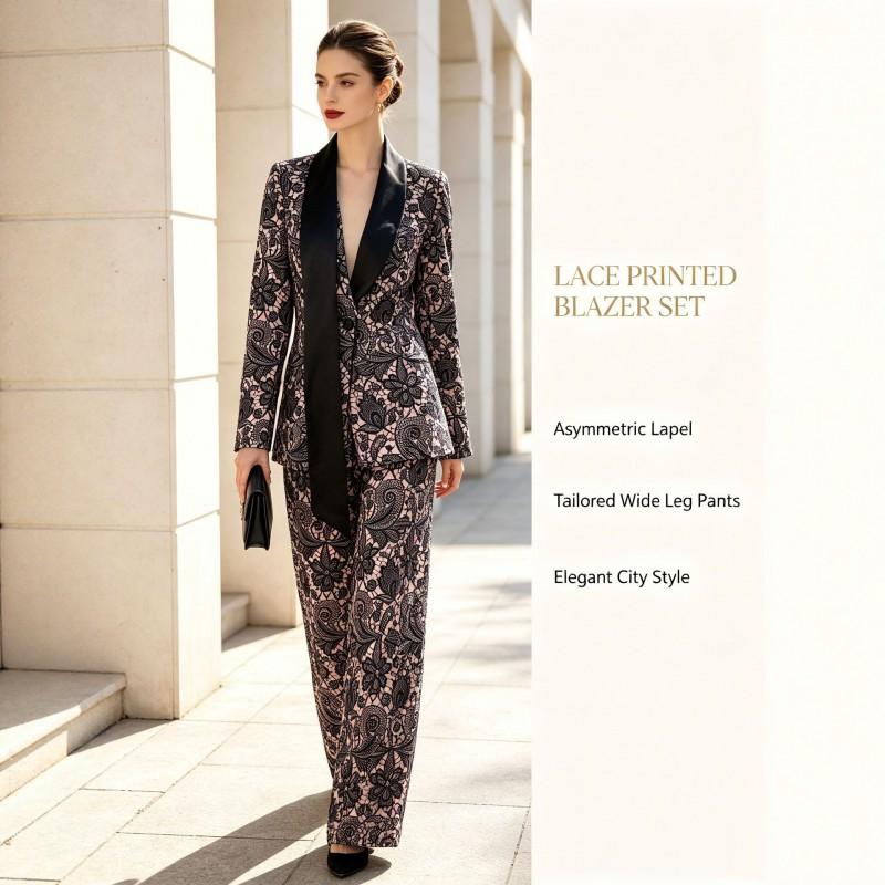 2026 Damen Elegantes Spitzenmuster Maßgeschneidertes Anzugset Lange Hose Büro Chic Outfit