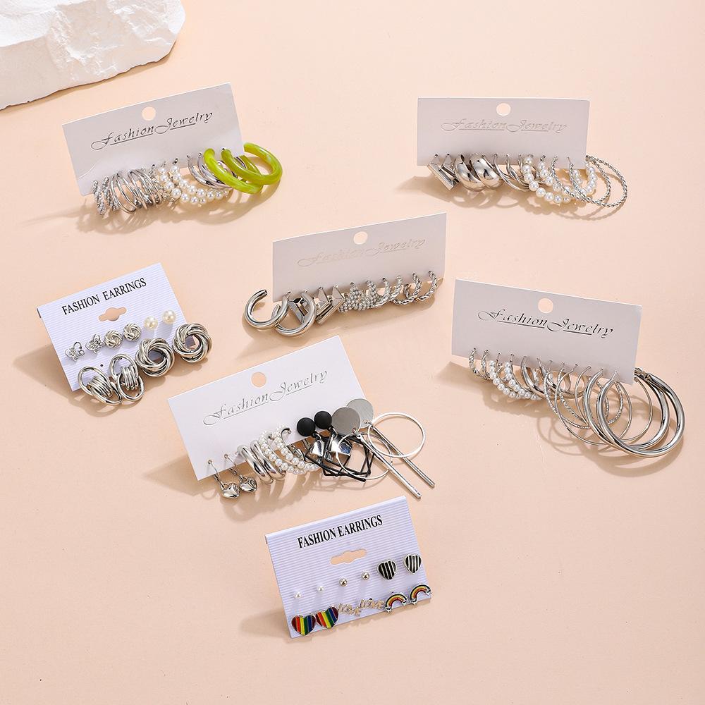 New ins bow fishtail pearl moon stud earrings with diamonds fashion temperament geometric earrings set