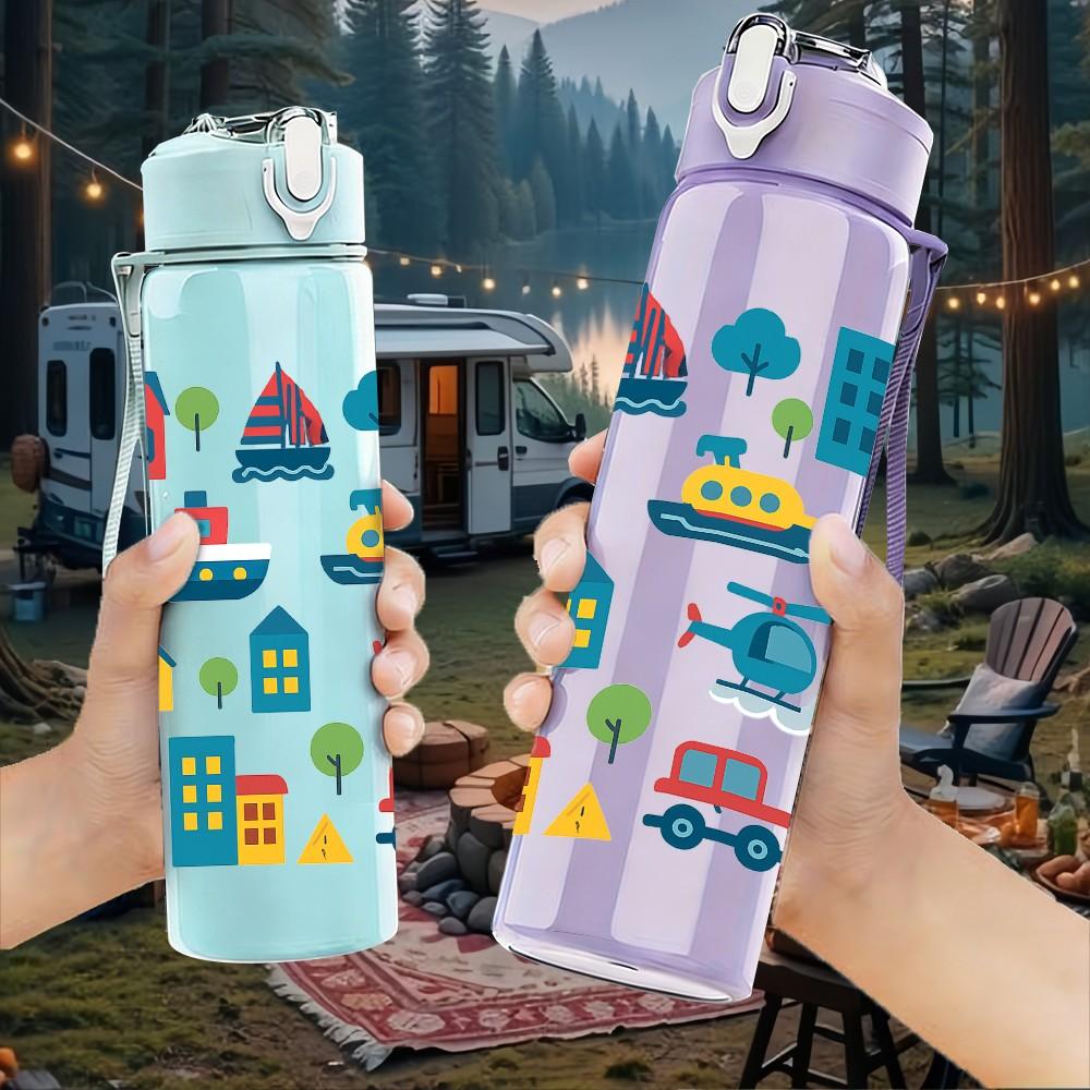 1PC Sailboat City Building Pattern 750ml Color Plastic Sports Water Bottle Leakproof Flip Straw Lid Suitable for Sports Office Home Use