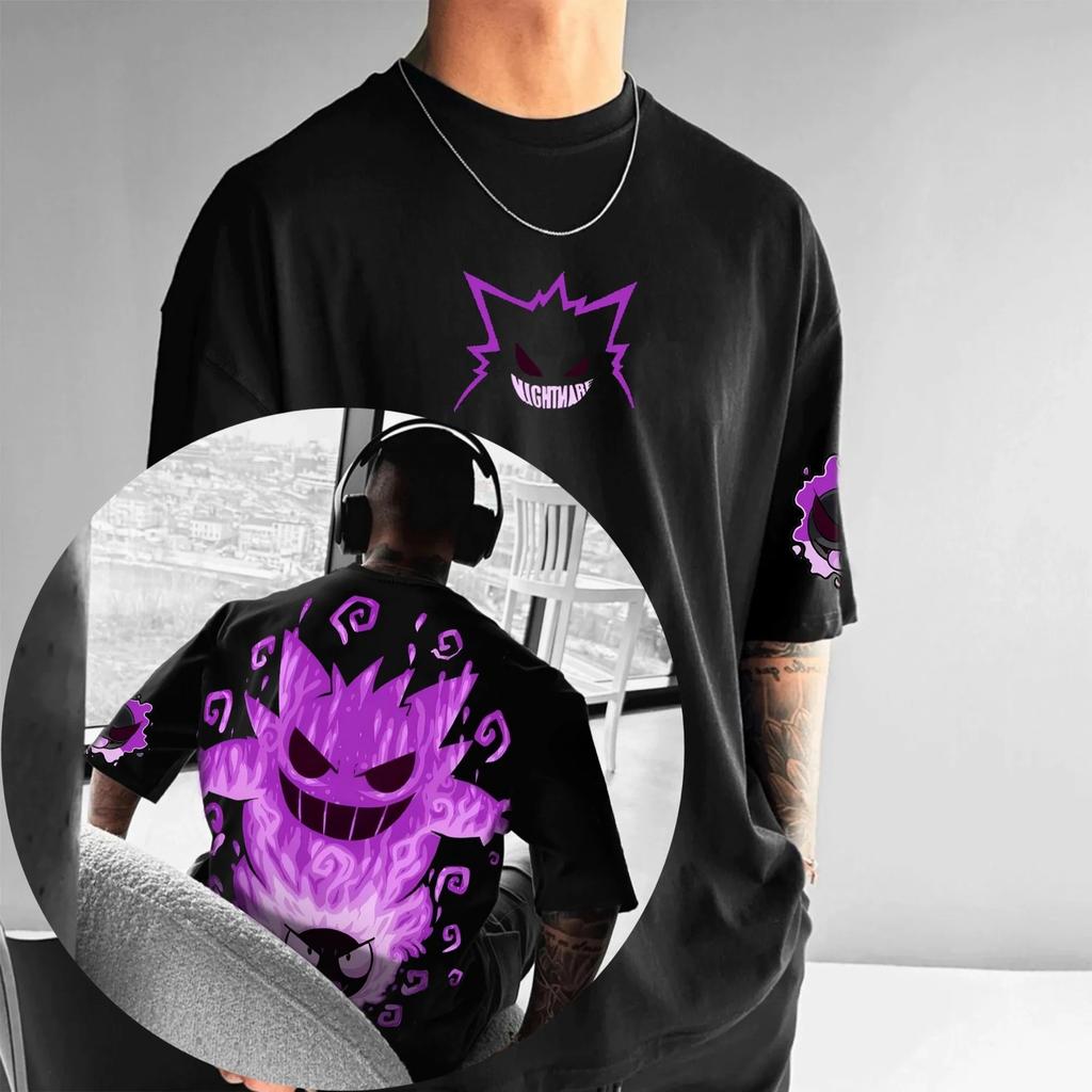 T-shirt Stampata Gengar Derivati Animazione Pokémon Uomo e Donna Estate 2025 Oversize Larga Cotone Street Trend Marca Top