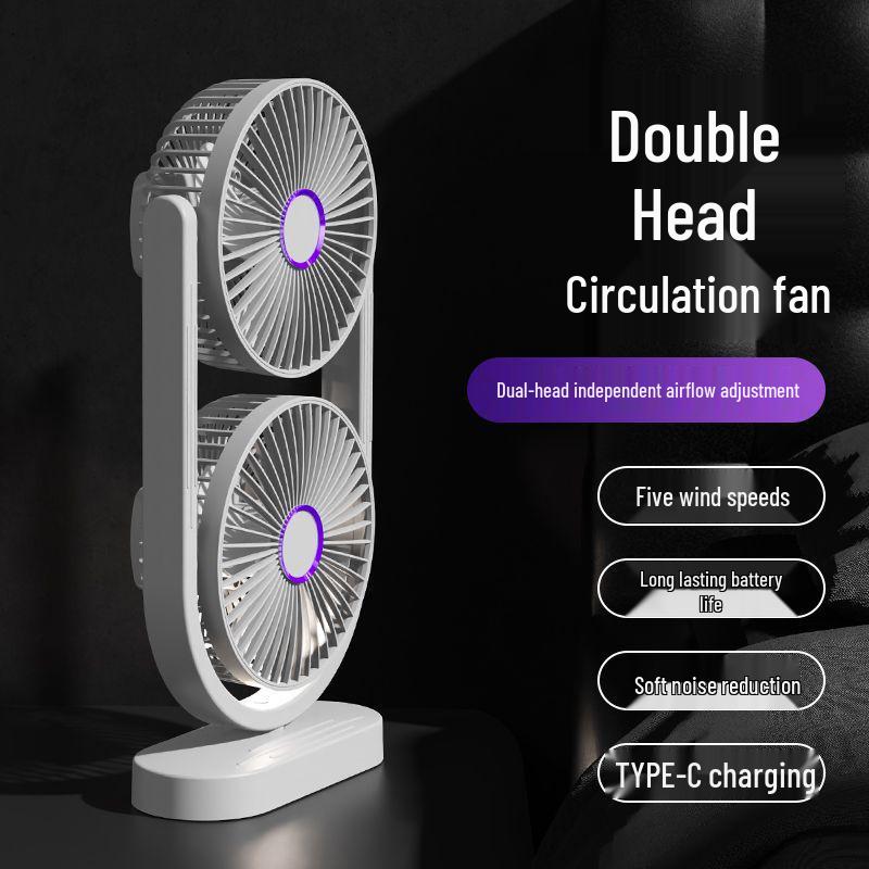 Double-Head USB Desk Fan & Lamp: 5-Speed, Rechargeable for Indoor/Outdoor