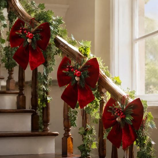 Velvet Ribbon for Christmas Wreaths Bow, Burgundy Red Hanging Bow Ornament with Versatile Garland Decorations Berries Pine Cones Holiday Tree