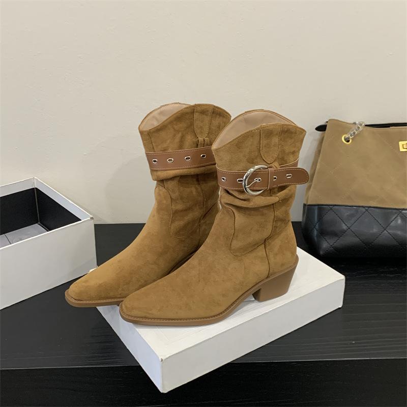 

осень-зима 2025 новая модная универсальная обувь рыцаря остроносая на толстом каблуке с пряжкой на ремне присборенная обувь-чулок в стиле ретро вестерн 40 коричневый