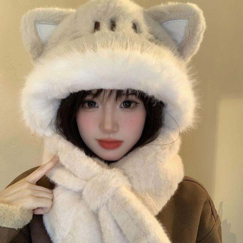 Women's Winter Cute Fox Ear Warm Plush Hat Cycling Cold Resistant Ear Protection Hat Scarf Integrated