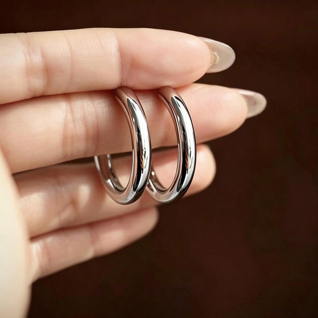 Earrings: 925 Sterling Silver with Gold Plating, Simple Smooth Large Hoops, Plain Studs, Light Luxury, High-End Feel