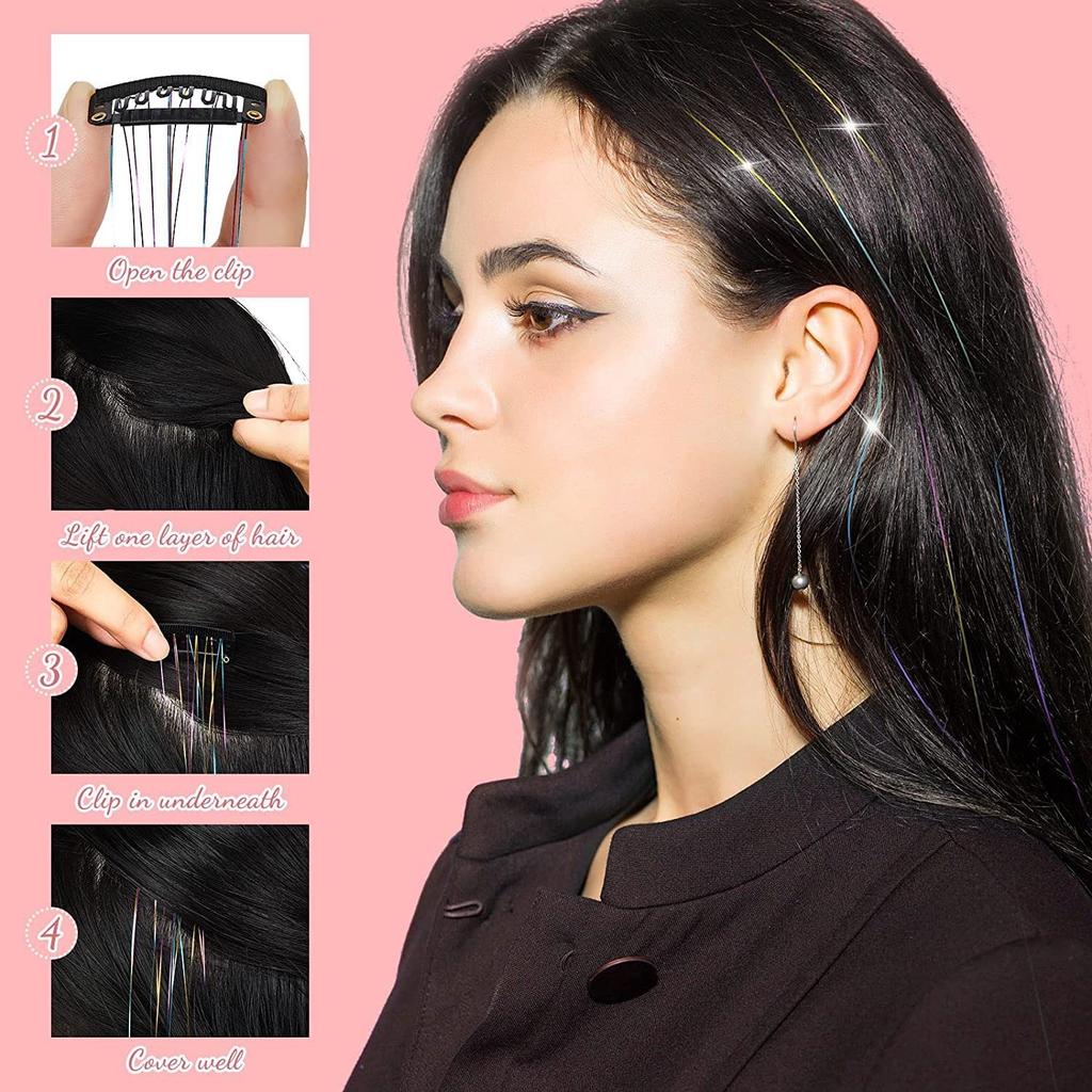 12pcs Clip-in Hair Extensions – Holographic Rainbow Straight Hair Pieces with Gold Thread, Heatless Colorful Highlights for Festival & Party
