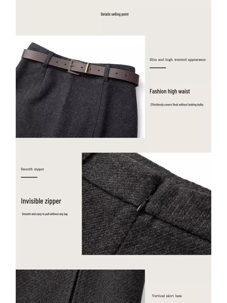 Gray Woolen A-Line Midi Skirt for Women - Autumn/Winter 2024 Stylish Hip Wrap Skirt
