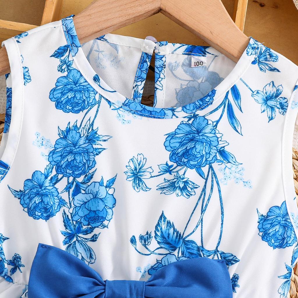 Girls' Fashionable Puffed-sleeve Floral Dress 2025 Summer Children's Casual Vacation Vest Dress