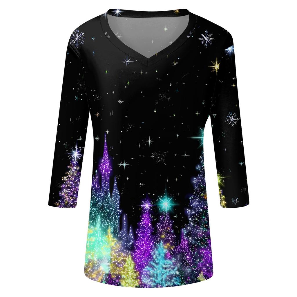 Women's T Shirt CHristmas Print 3/4 Sleeve Daily Weekend Fashion Basic V- Neck Regular Top