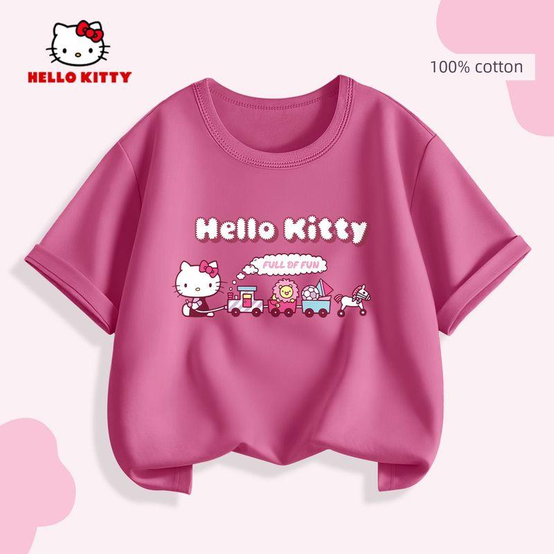 Kitty Girls' Pure Cotton Short-Sleeved Kidsren's T-Shirt Pink Little Girl Spring Wear Inner Wear Half-Sleeved Shirt for Small and Medium-Sized Kidsren