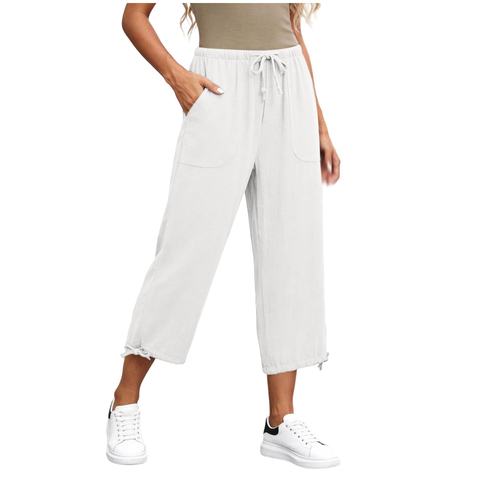

Womens Drawstring Waist Wide Leg Pants with Pockets Loose Fit Cropped Trousers Lightweight Casual Style Trousers for Daily Wear M білий