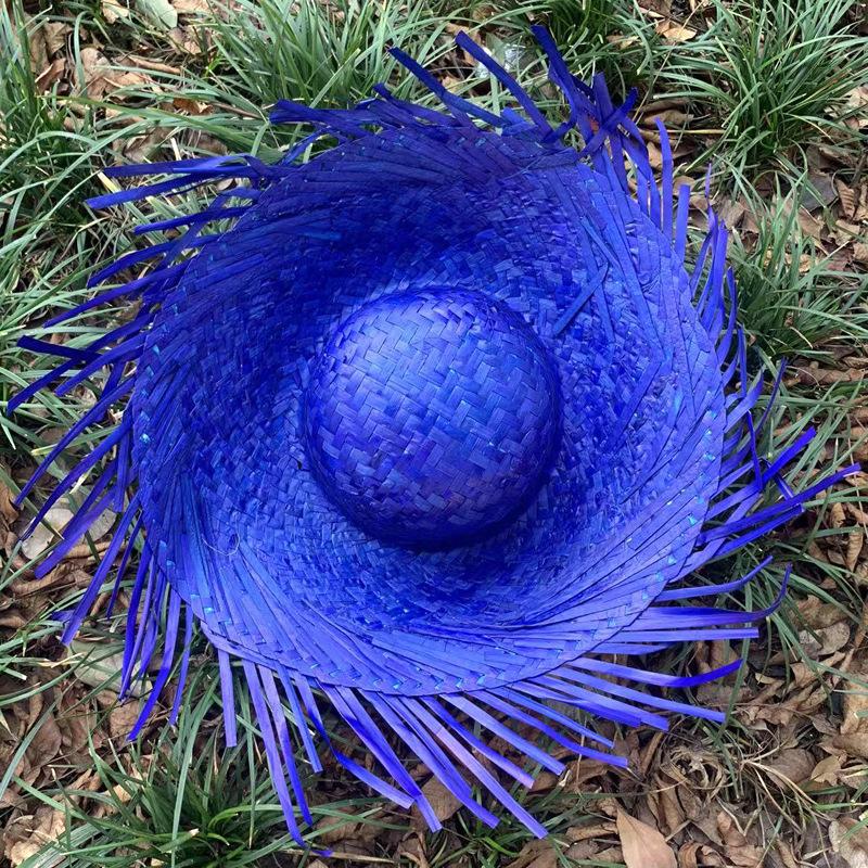 

Colorful Frayed Brim Woven Straw Sun Hat Trendy Beach Sunscreen Hat Unisex Outdoor Travel Pool Party Headwear синий